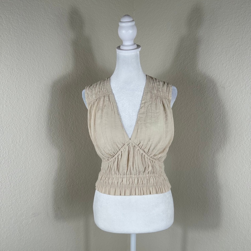 Abercrombie & Fitch Peplum Top Womens Small Beige Smocked V-Neck Boho Chic